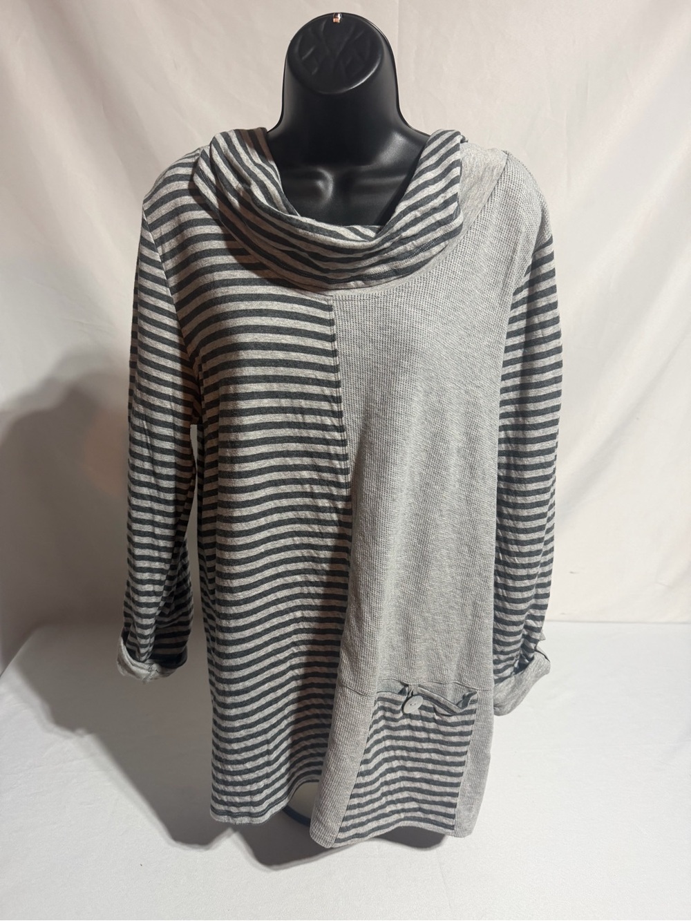 Soft Surroundings Grey/Black Cowl Neck Striped Colorblock Tunic Pullover XL